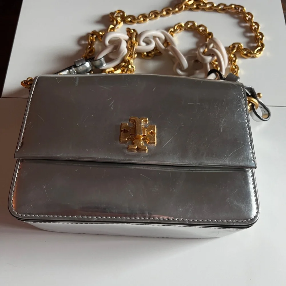 Tory Burch Metallic Silver Crossbody Shoulder Bag with Gold Logo